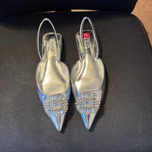 INC Silver metallic pointy toe slingback withcrystal on top.  Size 8. NWT.